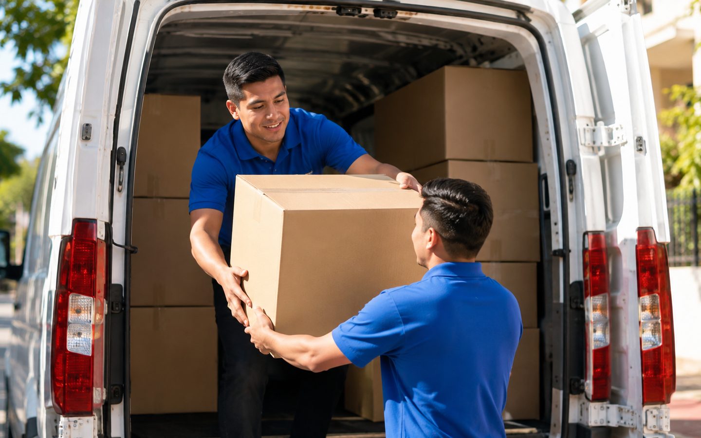 Repartidores cargando cajas grandes en el furgón