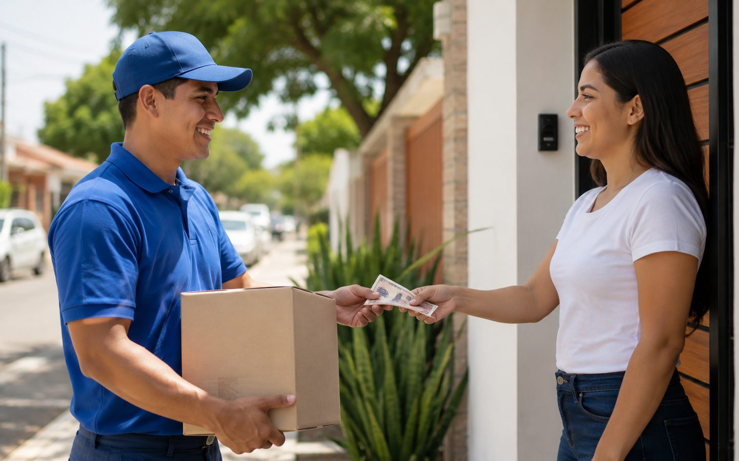 Cliente pagando su pedido al momento de la entrega