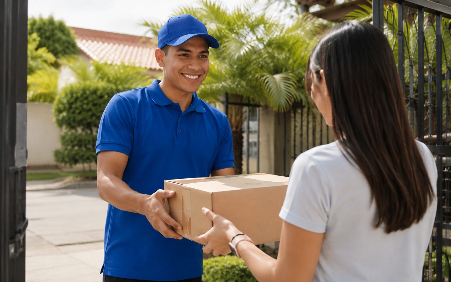Repartidor entregando un paquete a un cliente