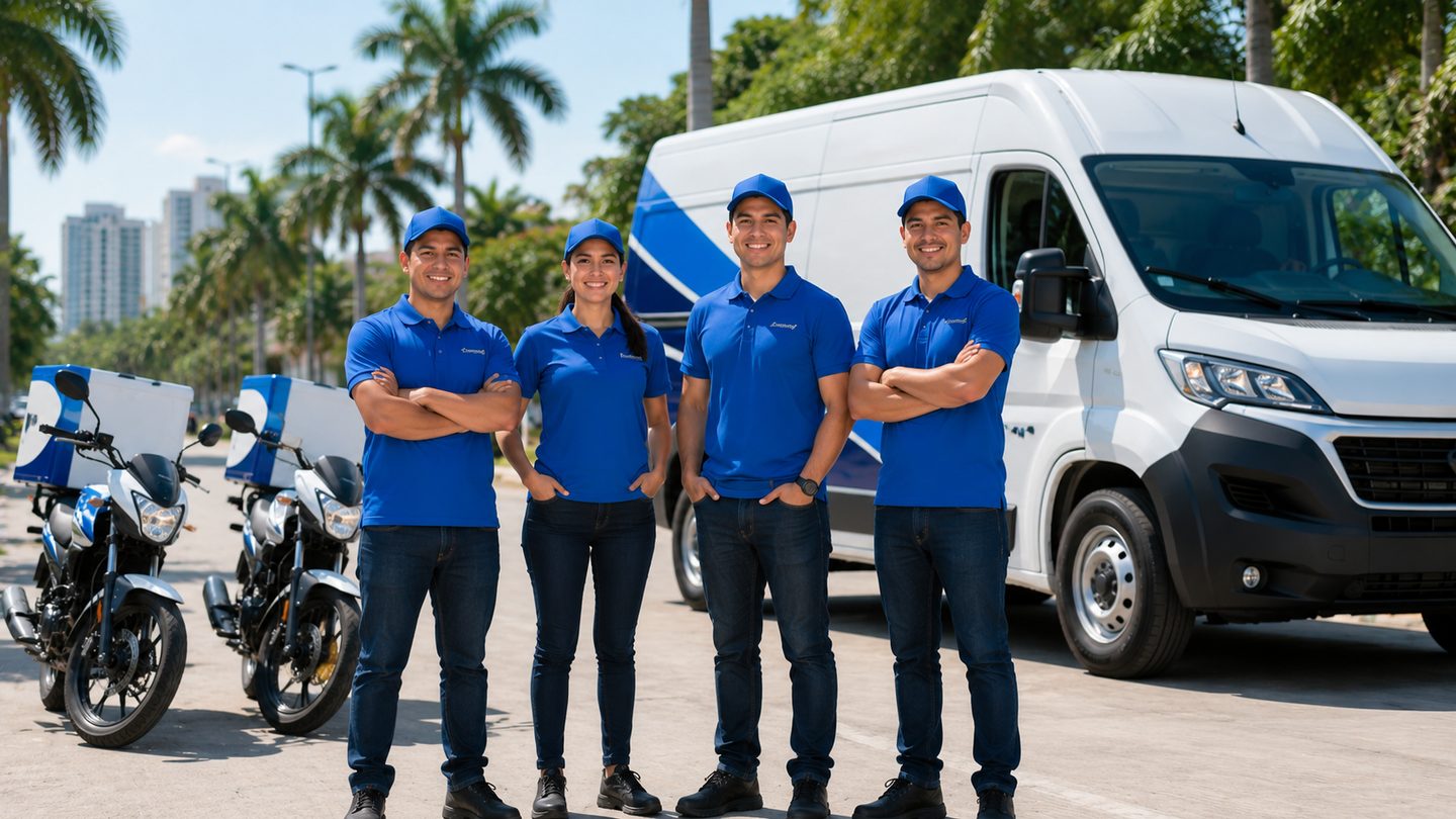 Equipo de repartidores de R&P Logistic SCZ junto a sus vehículos