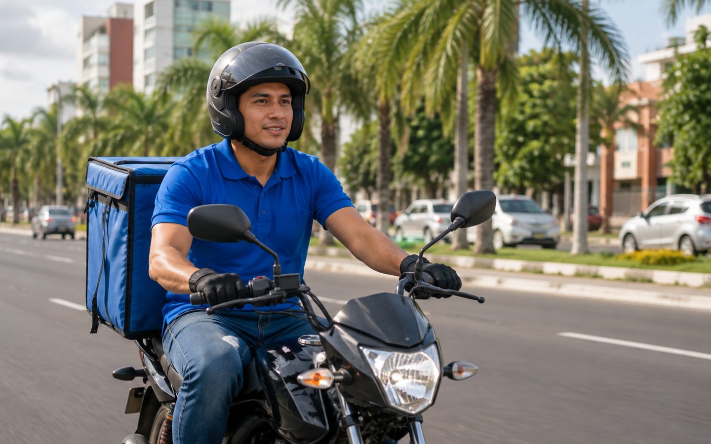 Repartidor en moto circulando por una avenida de Santa Cruz de la Sierra