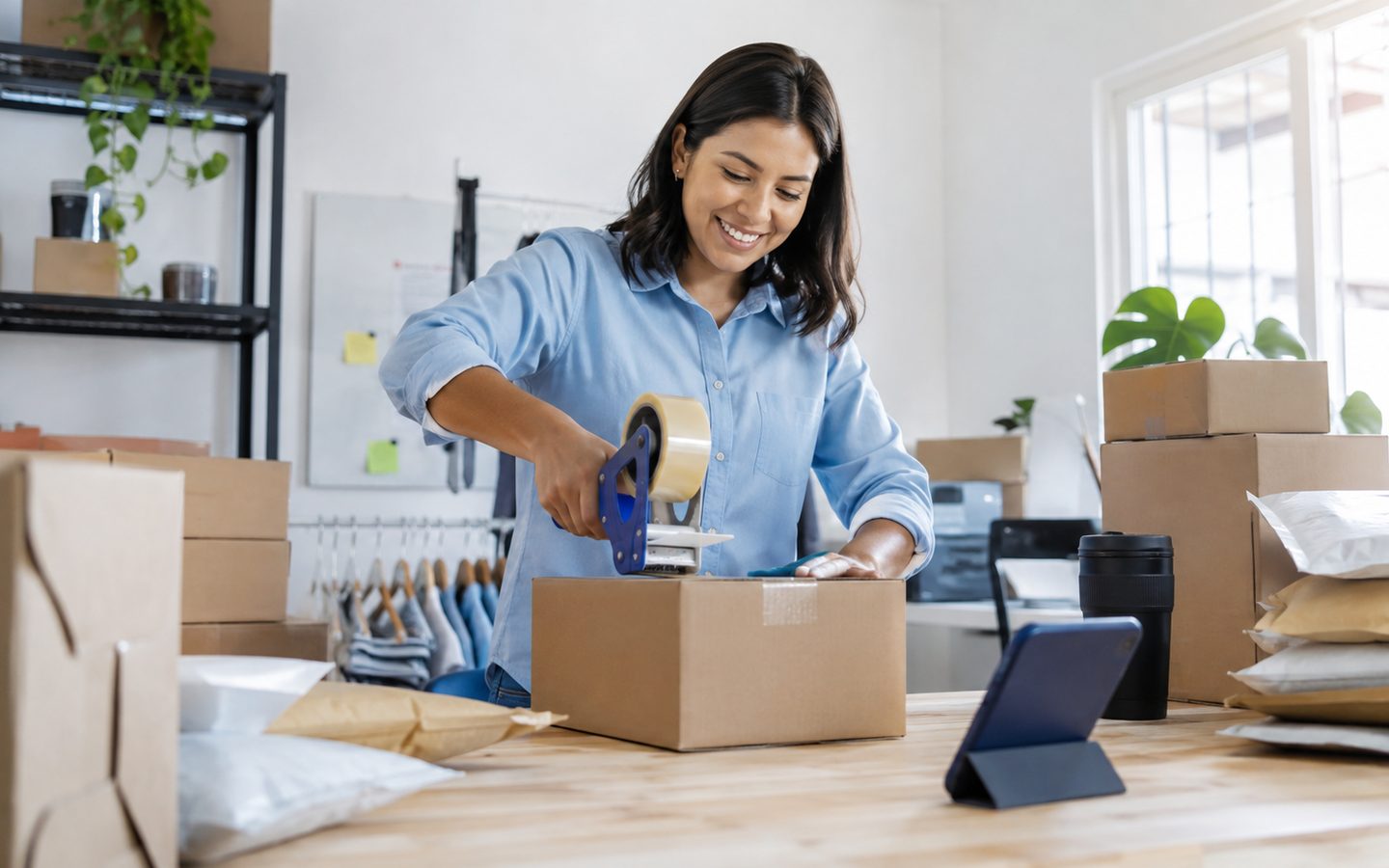 Emprendedora embalando pedidos de e-commerce listos para despacho