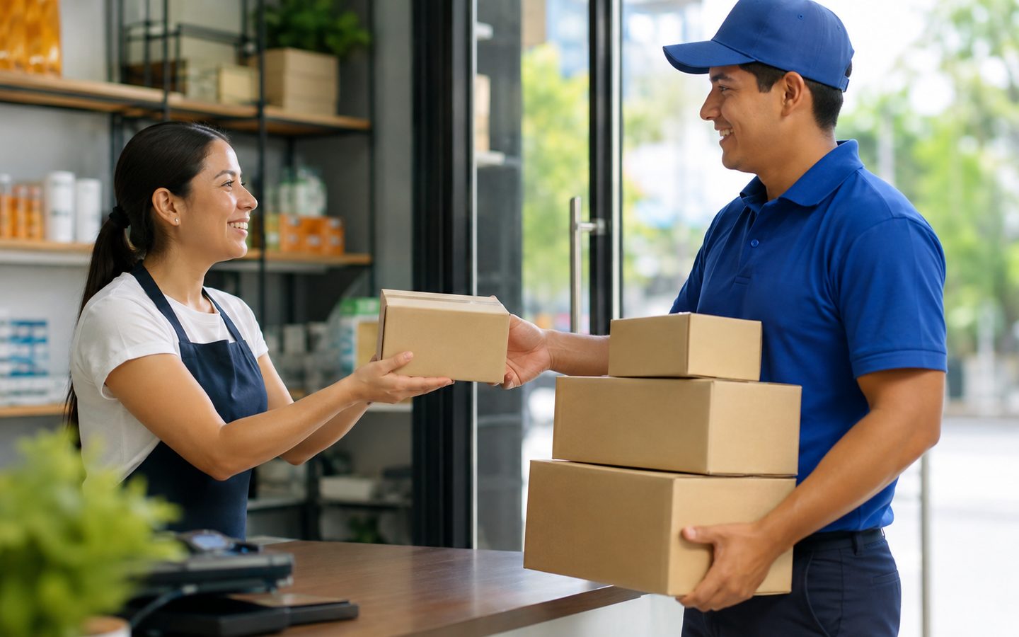 Repartidor retirando paquetes en una tienda